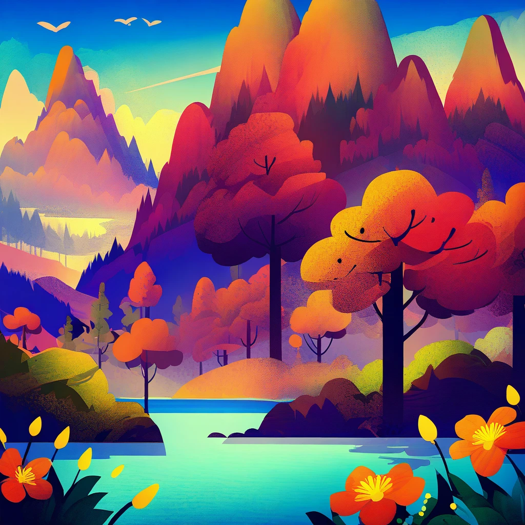 illustration,flower,outdoors,sky,day,cloud,water,tree,blue sky,plant,nature,scenery,sunset,mountain,<lora:scenery illustration:1>,