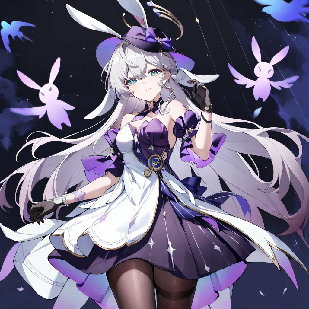 1girl, robin (honkai: star rail),halo,
witch hat, animal ears, hat, dress, brown hair, gloves, black dress, rabbit ears, blue eyes, long hair, black gloves, smile, looking at viewer, pantyhose, black headwear, ears through headwear, braid, bare shoulders, bow, ring, cowboy shot, masterpiece, best quality
 <lora:robin_xl-000010:0.8>