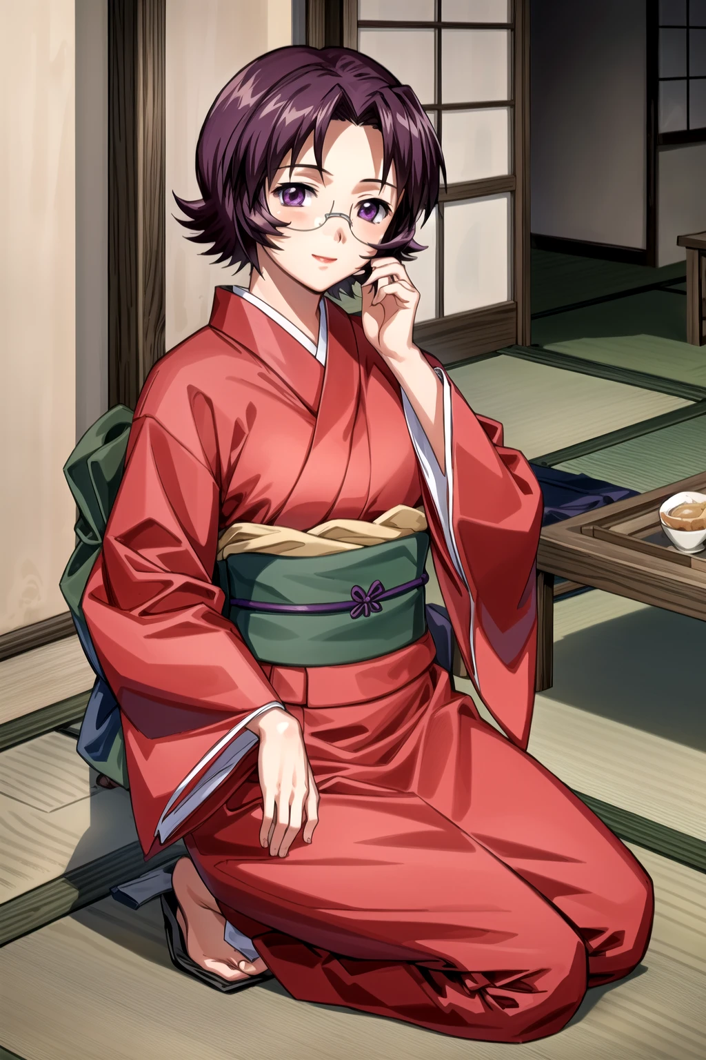 1girl, (masterpiece), (high quality, best quality), (intricate details, very aesthetic), pixiv, , perfect face, nice eyes and face, detailed face and eyes, (solo), textured skin, absurdres, highres, <lora:more_details:0.4>, <lora:sonsaku_goei-V1:0.8> goei_wz, short hair, purple hair, large breasts, glasses, purple eyes, pink kimono, kimono, japanese clothes, long sleeves, green obi, wariza, sitting, kneeling, japanese room, tatami, indoors, looking at viewer, smile, cowboy shot, hand on own cheek<lora:sd_v15_dpo_lora_v1:1><lora:sd_v15_dpo_lora_v1:1>