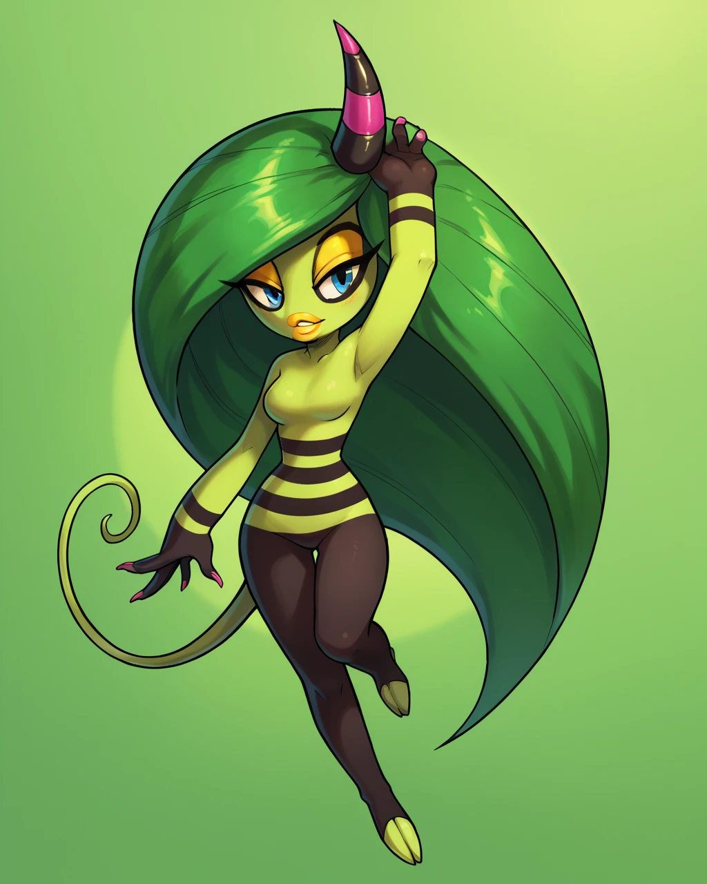 score_9, score_8_up, score_7_up, solo, 1girl, Zeena, horn, long hair, green skin, green hair, blue eyes, yellow lips, makeup, tail, full body, arm raised, moving hair back, BREAK, dynamic angle, detailed background, indoors, <lora:Zeena_-_Sonic_Lost_World_Character_PonyDiffusionXL:1>