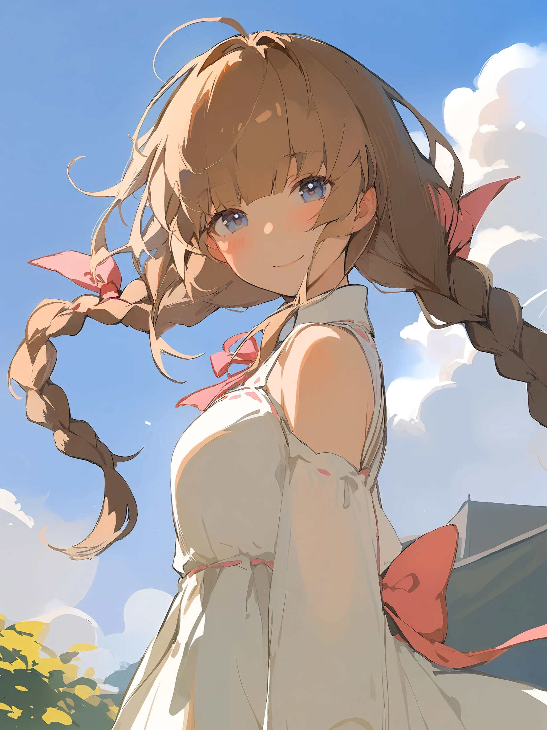 1girl,
solo, outdoors, bare shoulders, collared dress, smile, pink bow, blunt bangs, day, cloud, long hair, blue sky, twin braids, light brown hair, white dress, upper body, bow, from side, brown hair, very long hair, sky, braid, cloudy sky, blue eyes, looking at viewer, blush, dress, sunlight, virtual youtuber, closed mouth, hair bow, low twin braids,
masterpiece, best quality, safe
<lora:mki-ani31-ahriii-v1-000125:1>