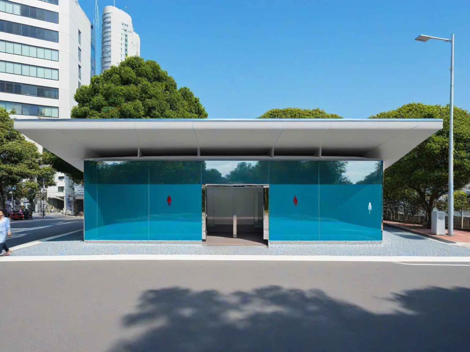 <lora:JJsPublicToilet_XL:1>, masterpiece , best quality, ((Public Toilet)), outdoors, sky, day, tree, blue sky, ground vehicle, building, scenery, motor vehicle, walking, city, car, road, lamppost, street, real world location, highly detailed,