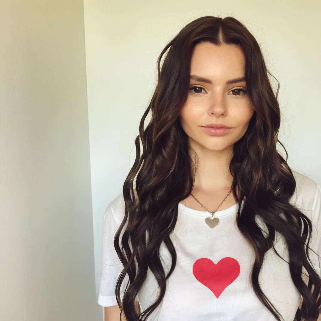 Looking straight at the camera, Film grain, skin texture, Instagram closeup selfie of a woman with wavy hair wearing a heart necklace,clear lipgloss, f/1.8, shirt,elxpowell, <lora:elpowell_juggerX_xl_1_standard_wocap-elxpowell-000092:1>