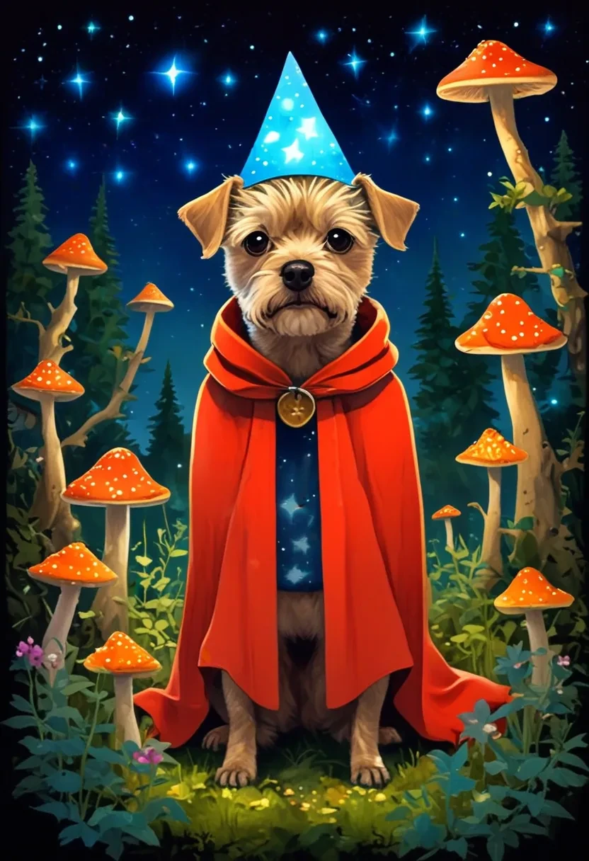 cartoon art of a Border Terrier dog, exploring a mystical forest filled with towering mushrooms and sparkling fireflies, wearing a wizard's robe and hat adorned with stars and moons, ancient ruins peeking through the foliage, curious and determined expression, whimsical and enchanting style, vibrant colors and magical atmosphere, art by Studio Ghibli <lora:Border_Terrier_Dog:1>