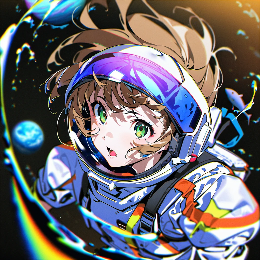 masterpiece, best quality, <lora:yoneyama-a31:1>,yoneyama mai, space helmet, 1girl, green eyes, solo, spacesuit, planet, space, black hair, parted lips, astronaut, short hair, blurry, helmet, bangs, earth (planet), water, fish, depth of field, abstract, black background, chromatic aberration, open mouth, brown hair, surreal, floating hair