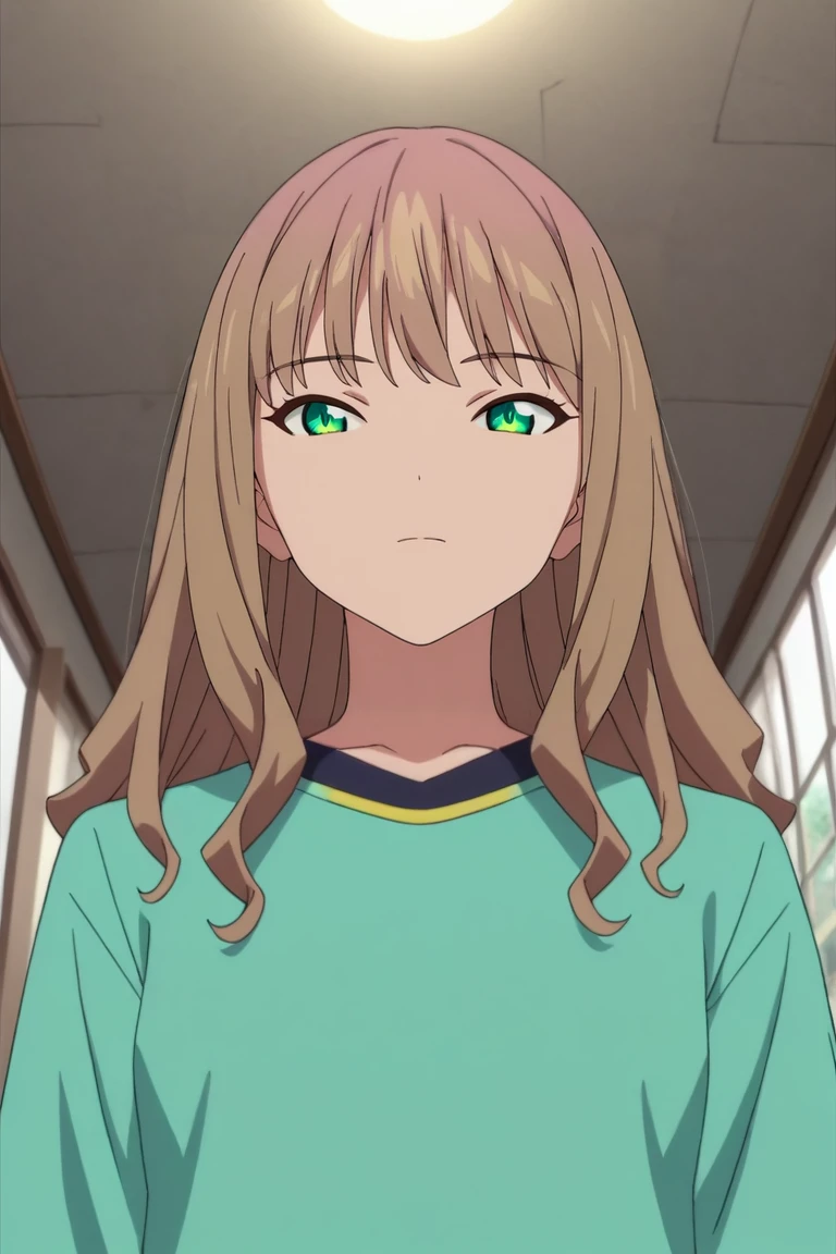 score_9, score_8_up, score_7_up, source_anime, rating_safe, intricate details, anime screencap, anime coloring, official style, looking at viewer, , 1girl, solo, <lora:yume_minami_pony:0.9>, yume_minami, brown hair, green eyes, long hair, bangs, from below, corridor, indoors, singing, expressionless, dwarf costume, <lora:sdxl_lightning_8step_lora:1>