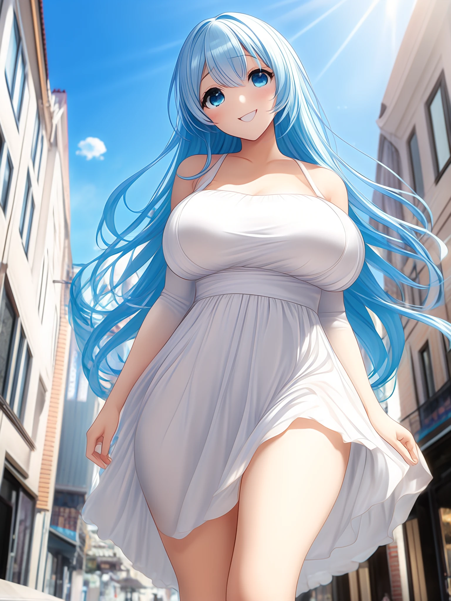 masterpiece, best quality, very aesthetic, absurdres,1girl,sunlight, dress,town,hair ornament, blush,looking at viewer, breasts, long hair, aqua hair, full body, from below,blush,walking, closed mouth, smile, 