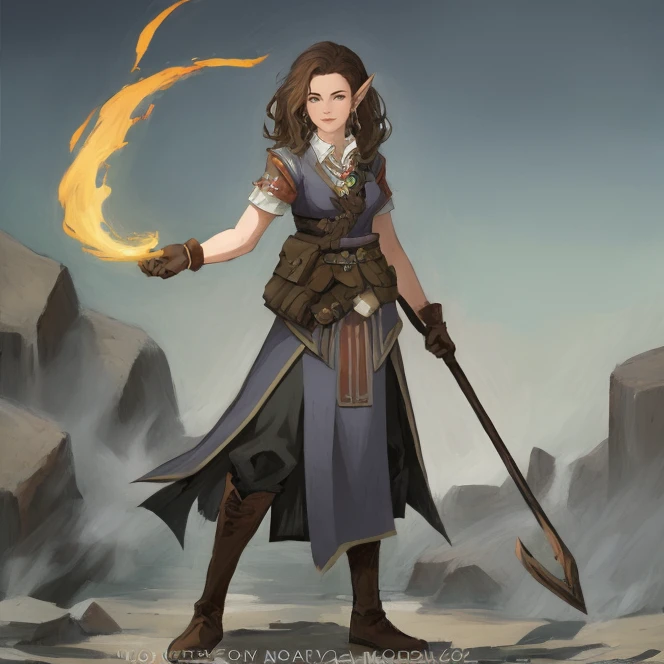 1girl, solo, brown hair, gloves, jewelry, fire, boots, staff, long hair, earrings, pointy ears, smile, brown gloves, brown eyes, looking at viewer, brown footwear, belt, full body, weapon, pouch, hoop earrings, holding, standing, <lora:octaviaPathfinderKingmaker:0.8> octavia, highres, Digital art, trending on artstation, best quality, insanely detailed, masterpiece, stunning environment, wide-angle,