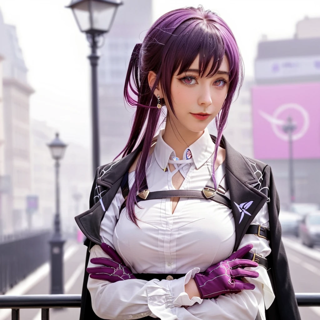 <lora:kafuka2:1>,1girl,solo,eyewear on head,breasts,purple hair,shirt,jewelry,earrings,purple eyes,white shirt,skirt,coat on shoulders,bangs,long sleeves,sidelocks,long hair,virtual youtuber,gloves,closed mouth,black skirt,jacket, <lora:oowoman:0.8>