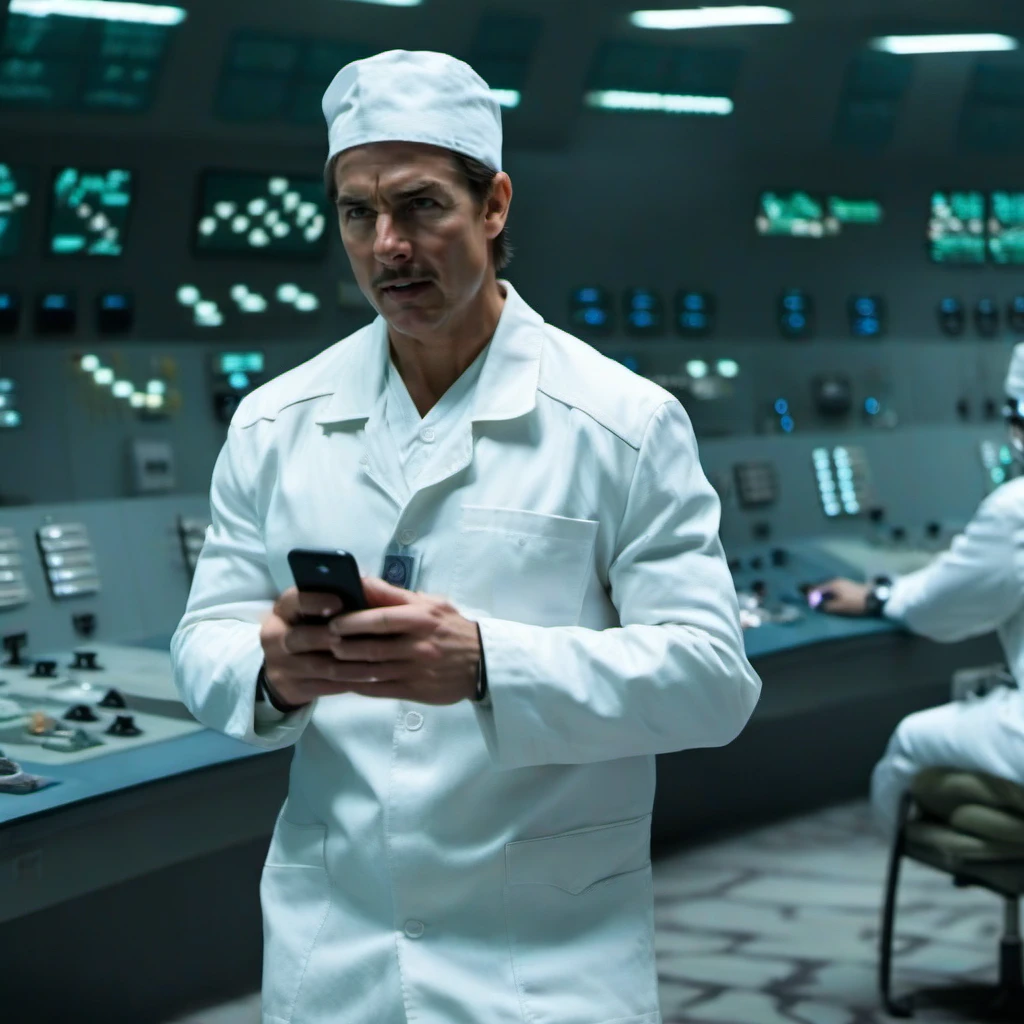 cinematic photo a full body tom cruise with a moustache,  in a white uniform, using a smartphone, +++fire, +++explosions, in a nuclear powerplant control room <lora:Technician1024:0.8> . 35mm photograph, film, bokeh, professional, 4k, highly detailed