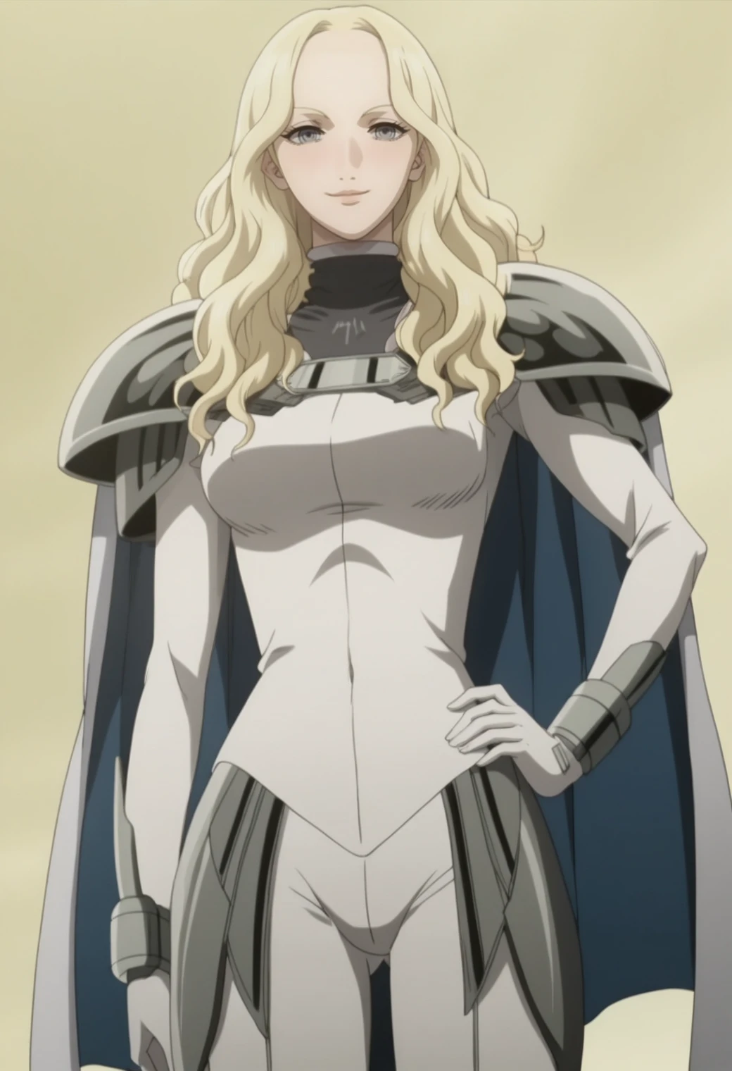 score_9, score_8_up, score_7_up,, BREAK 1girl, teresa,,<lora:teresa:0.8> grey eyes, , wavy hair, anime screencap, hand on hip, dynamic pose, pauldrons, cape, bodysuit, dutch angle,