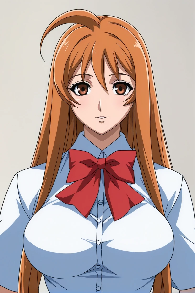 best quality,masterpiece,looking at viewer,absurdres,1girl,score_9,score_8_up,score_7_up,source_anime BREAK <lora:016-天ä¸å¤©ä¸-æ£äºå¤XLV1:0.8>,natsume aya,orange hair,long hair,brown eyes,ahoge,breasts,white school uniform,bow,large breasts,