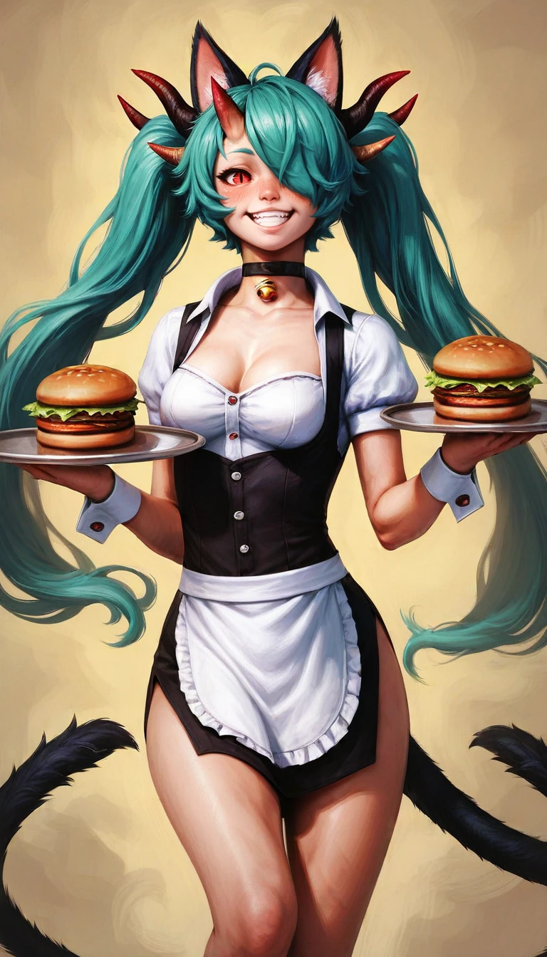 zPDXL, score_9, score_8_up, score_7_up, score_6_up, score_5_up, score_4_up, <lora:anato:1>,,1girls,bent leg,blush,cat ears,catgirl,choker,dew \(j5daigada\),dragon girl,female,female only,food,green hair,hair over one eye,hamburger,hi res,horns,hybrid,j5daigada,long hair,looking at viewer,red eyes,slit pupils,smiling,smiling at viewer,solo,tail,tail tuft,tray,twintails,waitress,wrist cuffs
