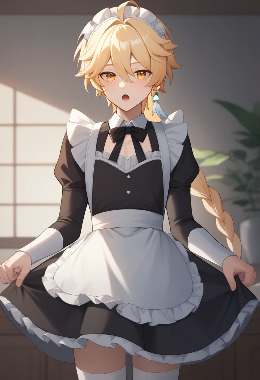 score_9,score_8_up,score_7_up,<lora:aether_lumine_pony:1>,puffy_sleeves,maid_apron,aether_\(genshin_impact\),solo,1boy,skirt,crossdressing,hair_down,open_mouth,absurdres,waist_apron,enmaided,highres,frills,male_focus,looking_at_viewer,