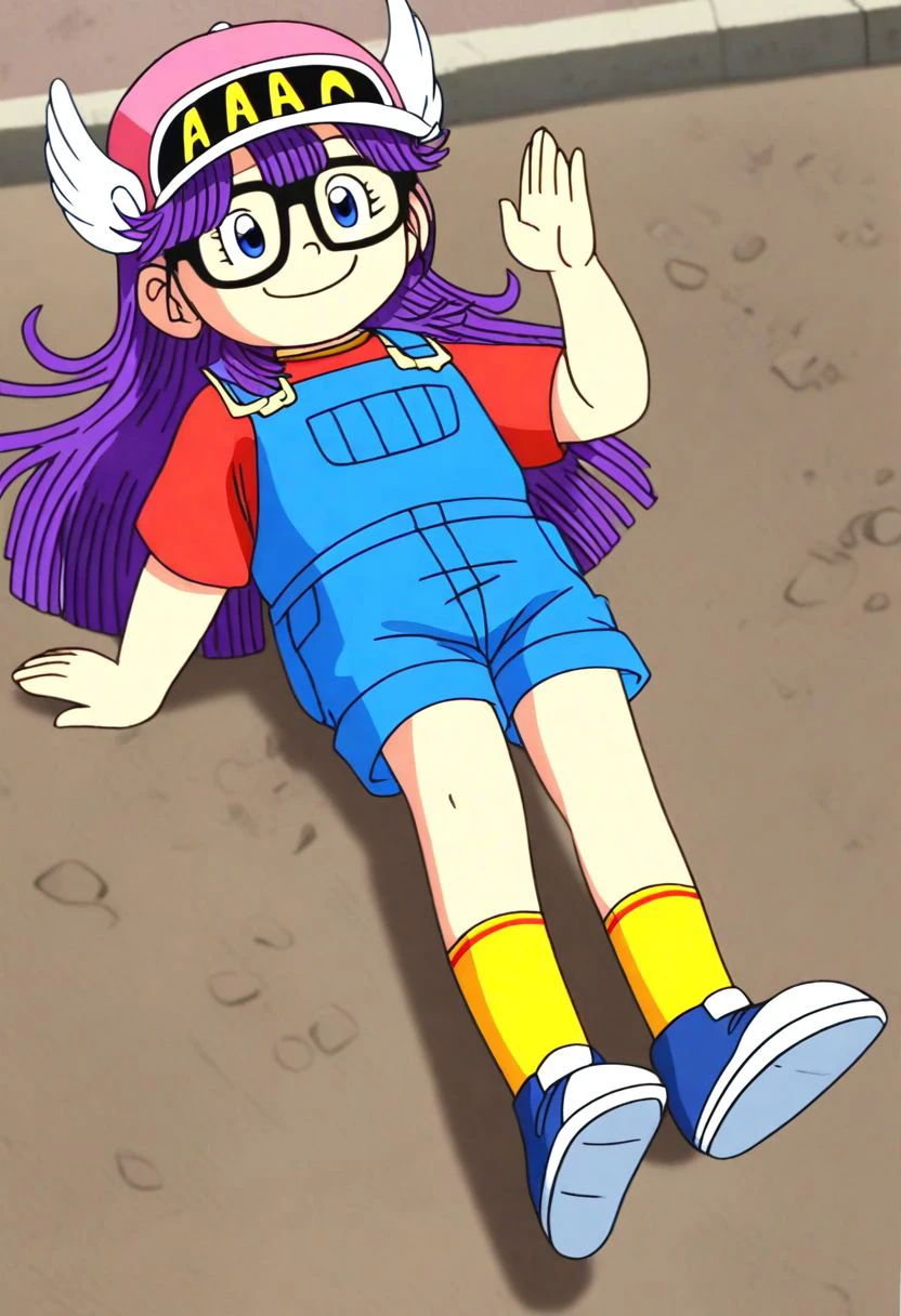 <lora:Hyper-SDXL-8steps-lora:1><lora:Fixhands_anime_bdsqlsz_V1:1>
zPDXL2, outdoors, city, tokyo, japan, 
pantyshot, lying, Happy,  wide smile with raised cheeks and crow's feet around the eyes.,
1girl, solo, ds-norimakiarale, purple hair, long hair, blue eyes, black-framed eyewear, pink hat, winged hat, ds-norimakiarale outfit, red shirt, blue overalls, yellow socks, blue shoes,
<lora:ds-norimakiarale_XL(pony)v10:1>