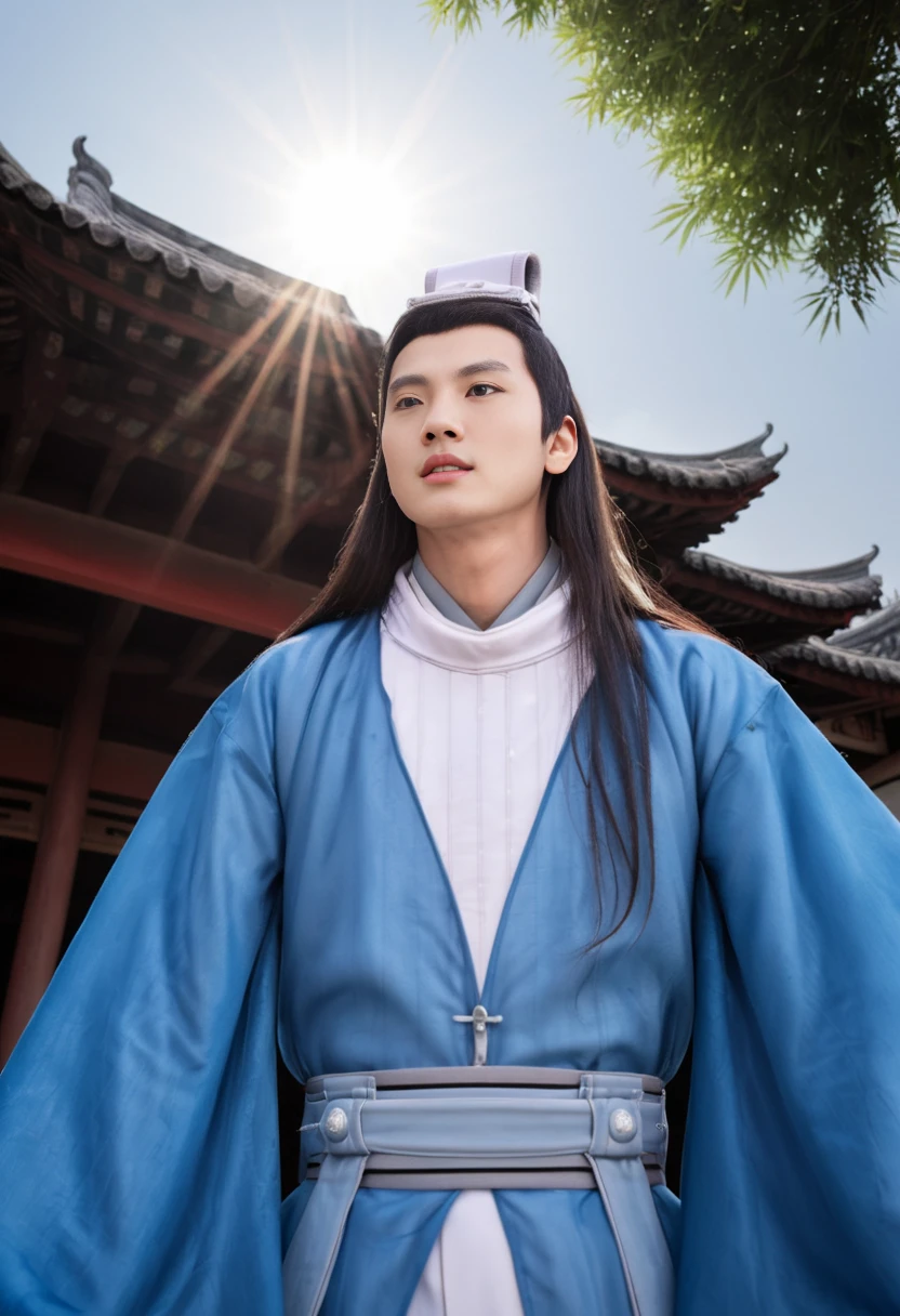 view from the ground up, ground level shot, ground camera angle, wide-angle, yulexuan asian male with long hair wearing soiled blue hanfu and a small coronet made of fabric looking at the sun, best quality, very detailed, hd , <lora:YuLexuanSDXL3-000005:0.9>