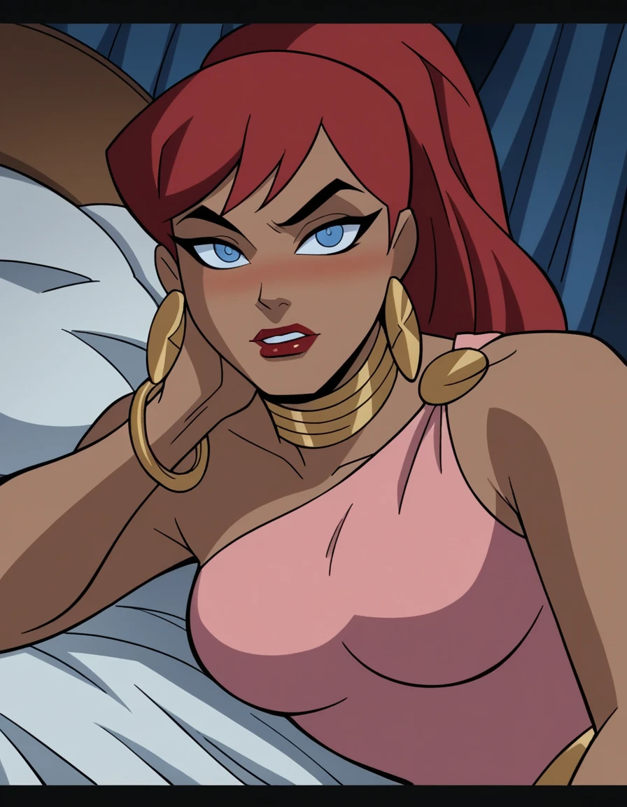 score_9, score_8_up, score_7_up, source_anime,
giganta, <lora:giganta-dcau-ponyxl-lora-nochekaiser:0.8>,
giganta, blue eyes, red hair, dark skin, dark-skinned female, makeup, lipstick, ponytail,
dress, jewelry, earrings, bracelet, pink dress,
indoors, bed, bed room, on side, blush, drunk,
looking at viewer, solo, dutch angle, cowboy shot,