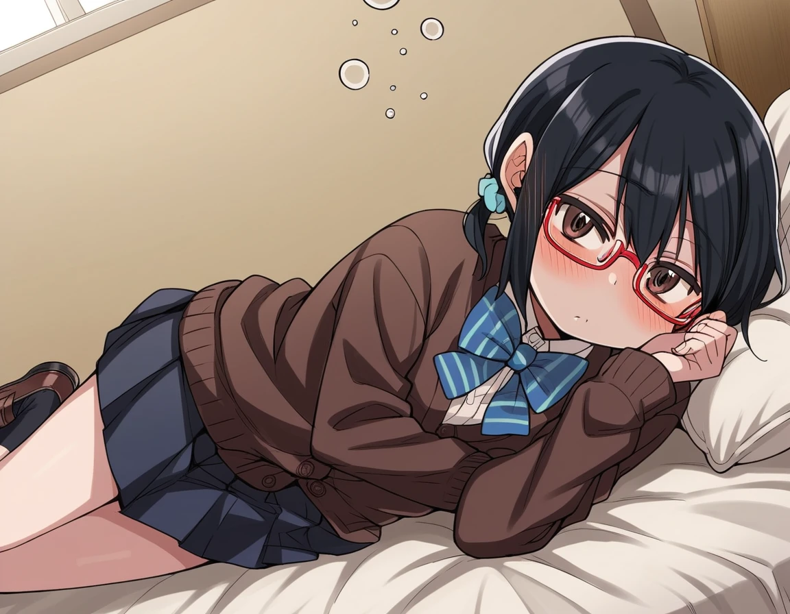 sober,meek,pantyhose,child,,bangs bangs,black hair,,best quality,from below,nsfw,foot up,full-face blush,4fingers and 1thumbs,mini skirt,twin braids,spread legs,Garter belt,on the bed,Glasses,sailor suit