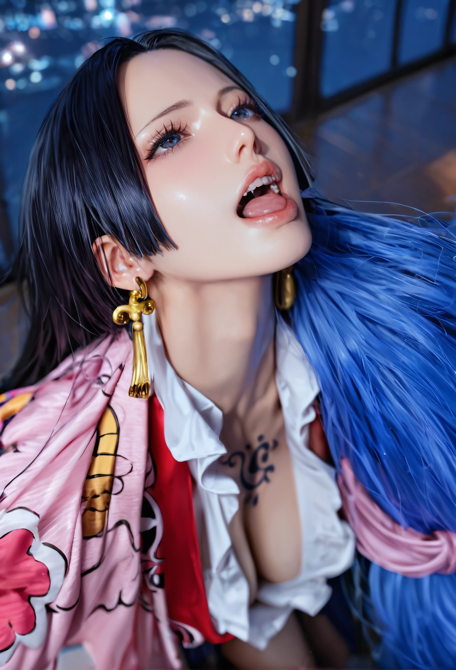 realism photograph style, exaggerated composition, Boa Hancock in One Piece, in school uniform skirt,Pranya tattoo on the back, high resolution, detailed shooting, epic picture style, night time, look up, score_9, score_8_up, score_7_up