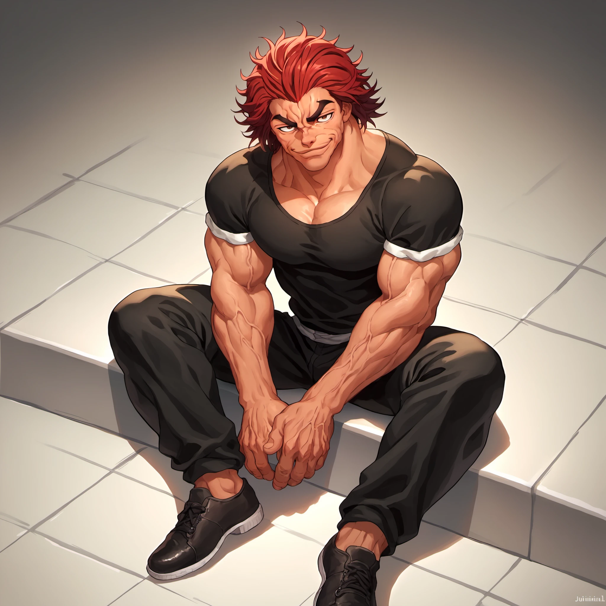 score_9, score_8_up, score_7_up, YujiroHanma, 1boy, male focus, solo, black shirt, muscular male, red hair, manly, black pants, black footwear, veins, pupils, brown eyes, sitting, looking at viewer, from front, <lora:Char-YujiroHanma-pony:1>cocky smirk,