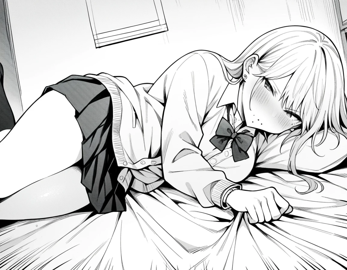 score_9, score_8_up, score_7_up, source_anime,
gyaruharuka, <lora:gyaru-haruka-manga-ponyxl-lora-nochekaiser:1>,
gyaru haruka, long hair, bangs, earrings, mole, mole under mouth, monochrome, greyscale,
skirt, shirt, bow, school uniform, pleated skirt, open clothes, socks, collared shirt, bowtie,  cardigan,
indoors, bed, bed room, on side, blush, drunk,
looking at viewer, solo, cowboy shot, dutch angle,
