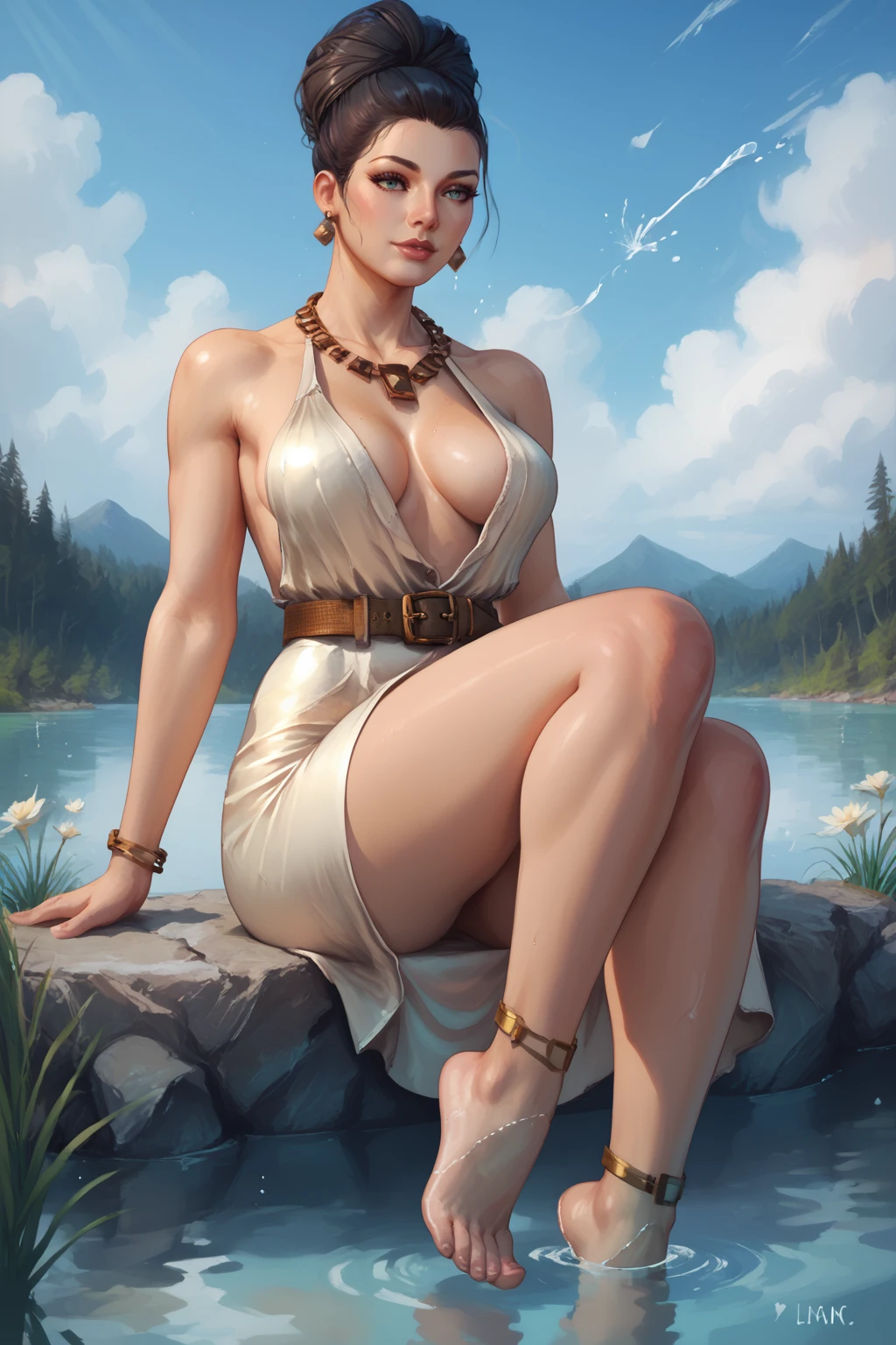 score_9, score_8_up, score_7_up, masterpiece, high quality, source_comic BREAK
 <lora:Excella GionnePonyLoRA:0.8>xcllaginn, hair bun, earrings, necklace, dress, cleavage, bracelet, belt, anklet, barefoot, sitting at a lake, feet in water, splash