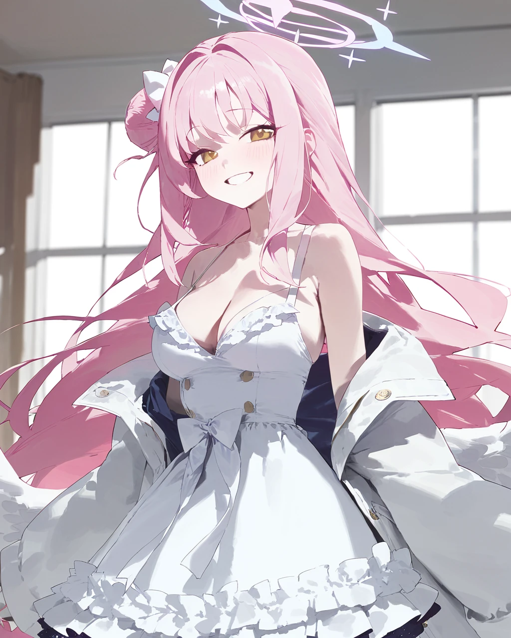 modare, 1girl, solo, smile, halo, pink hair, breasts, long hair, looking at viewer, mika (blue archive), cleavage, hair bun, single side bun, yellow eyes, bangs, dress, grin, white dress, off shoulder, jacket, cowboy shot, open clothes, collarbone, indoors, bare shoulders, wings, long sleeves, medium breasts, blush, frills, window, sleeveless, sleeveless dress, bow, open jacket, very long hair, frilled dress, white jacket, teeth, white bow, low wings, ribbon, :d, standing
