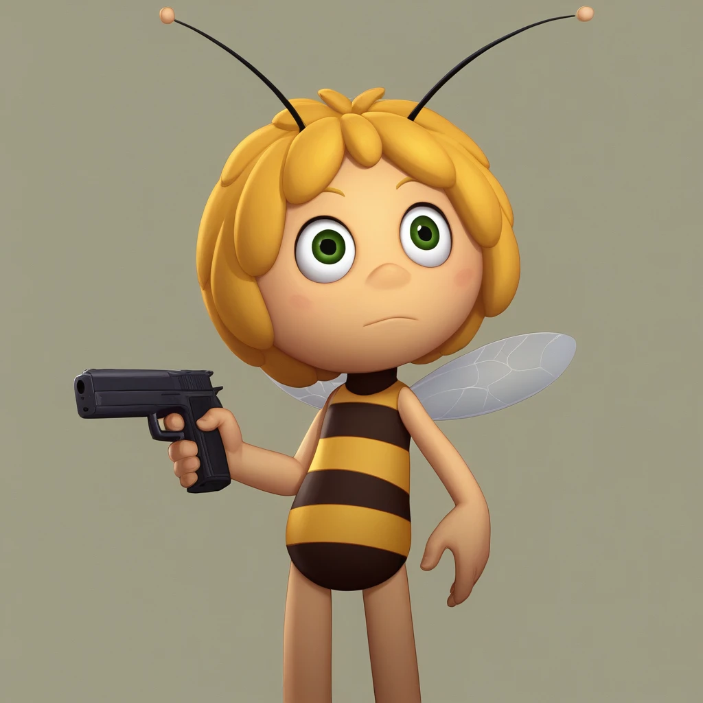 score_8_up, BREAK, no humans, 1girl, solo, Maya, green eyes, antennae, yellow skin, yellow hair, striped, <lora:MayaTheBee_PXL_Leaf1:1>, holding handgun,