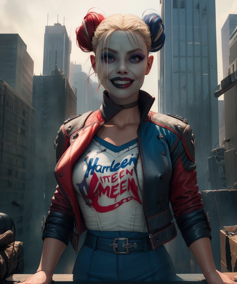 Harley,blue eyes,double bun,
shirt,cropped jacket,belt,
standing,upper body,light smile,
metropolis,morning,destruction,
(insanely detailed, masterpiece, best quality),solo,<lora:HarleySQ-12:0.8>,