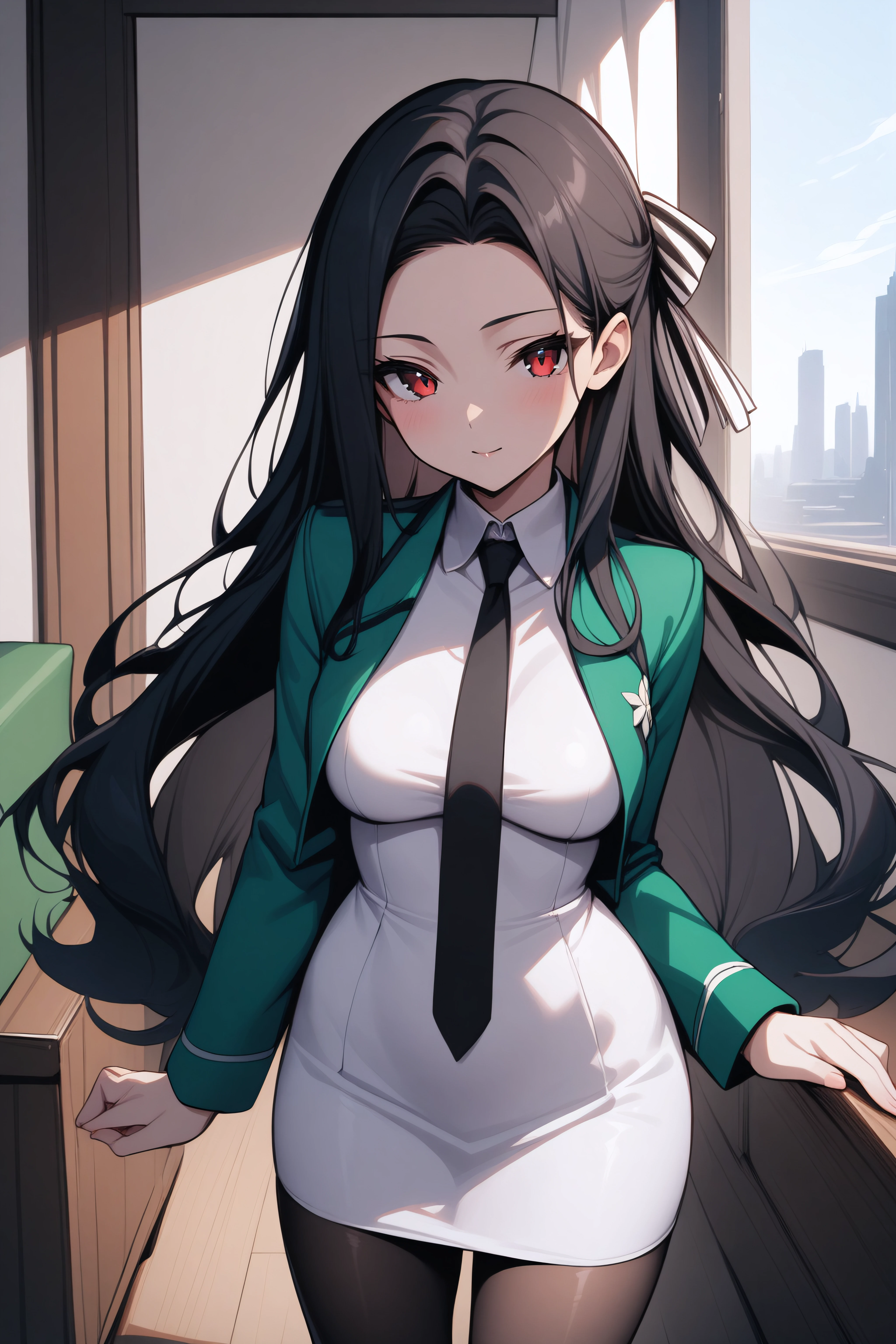 (masterpiece, best quality), <lora:Mayumi Saegusa-SDXL-lora-Faxtron:0.8> mayumi saegusa, red eyes, black hair, long hair, medium breasts, striped ribbon, cropped green jacket, long sleeves, white dress, black necktie, pantyhose, standing,