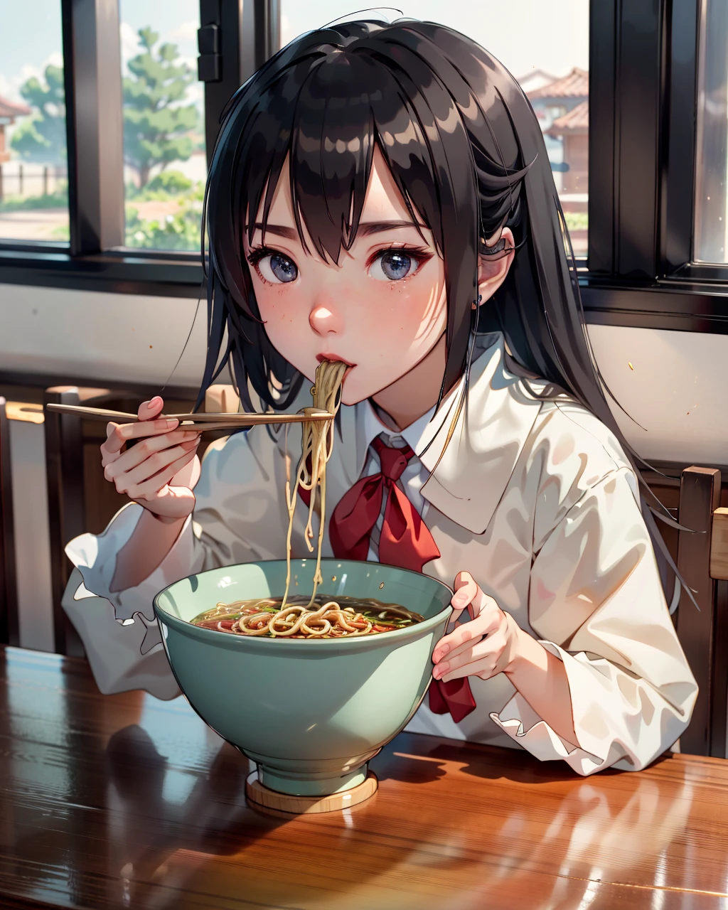 best quality,masterpiece,highly detailed,ultra-detailed, 
 <lora:neg9V2_last:0.7>    <lora:anime-minimalist:0.7> holdng bowl,
 <lora:eatingramen:1>   eating ramen,  window shade, wooden table,
school uniform, b