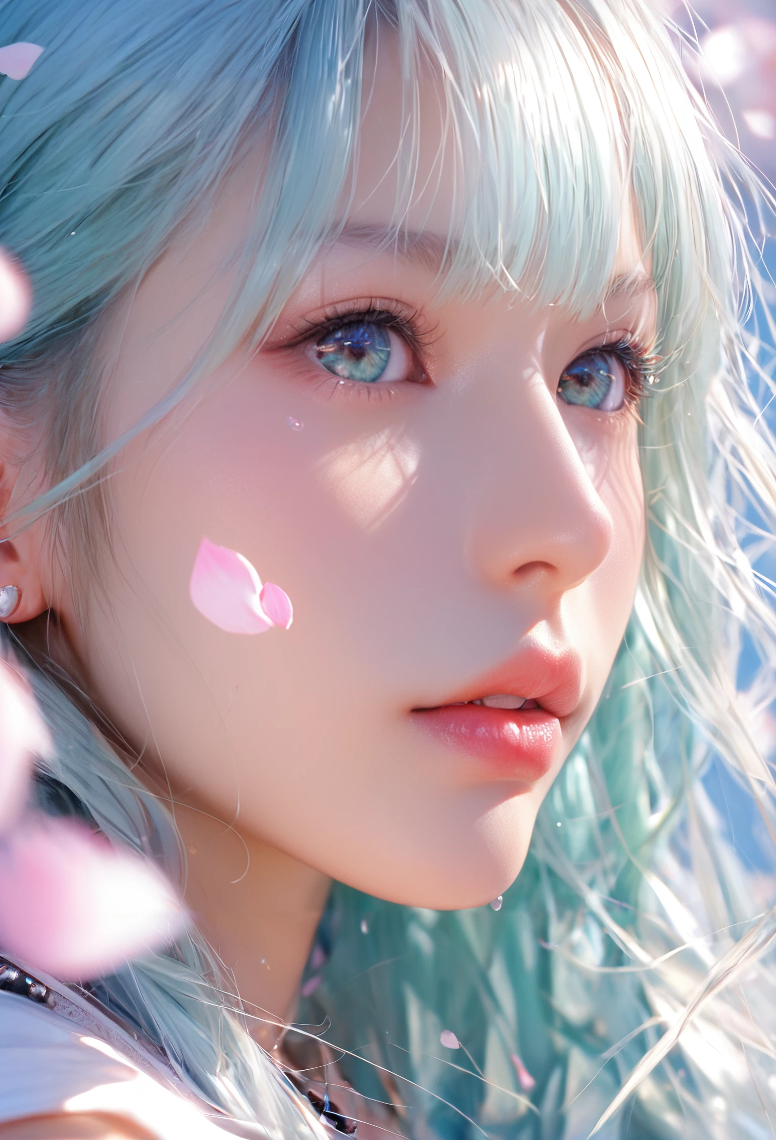 score_9, score_8_up, score_7_up, Girl's profile picture, light green long hair with bangs, light blue petals on cheeks, realistic skin texture, detailed picture, close-up, HD32k
