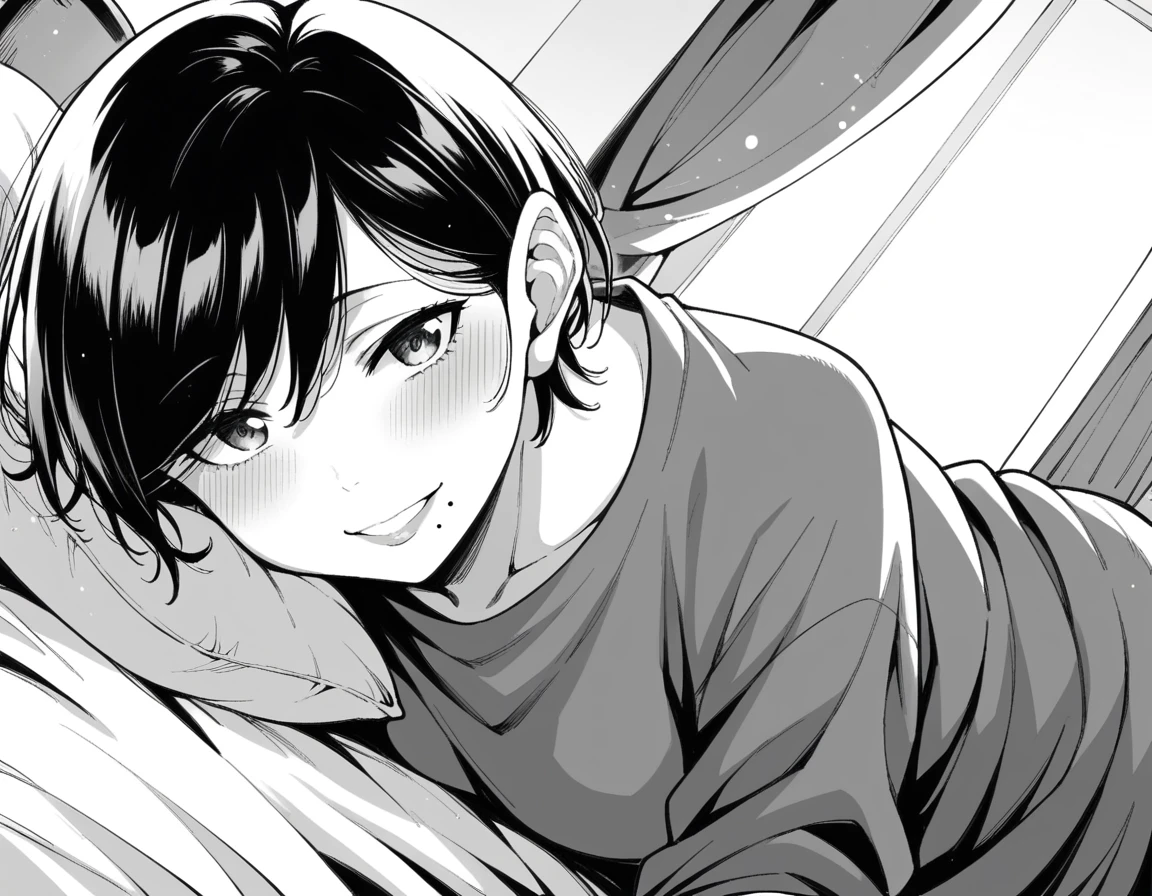 score_9, score_8_up, score_7_up, source_anime,
shinoneechan, <lora:shino-neechan-manga-ponyxl-lora-nochekaiser:1>,
shino neechan, short hair, bangs, monochrome, greyscale, mole, mole under mouth,
indoors, bed, bed room, on side, blush, drunk,
indoors, bent over, smile,
looking at viewer, solo, cowboy shot, dutch angle,