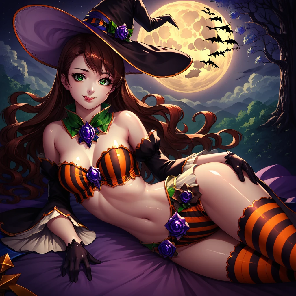 masterpiece, best quality, halbeatrix, detached collar, halloween, witch hat, midriff, detached sleeves, black gloves, striped thighhighs, cowboy shot, from side, looking at viewer, smile, night, trees, bats, moon <lora:beatrixgbf-nvwls-v1-000010:0.8>