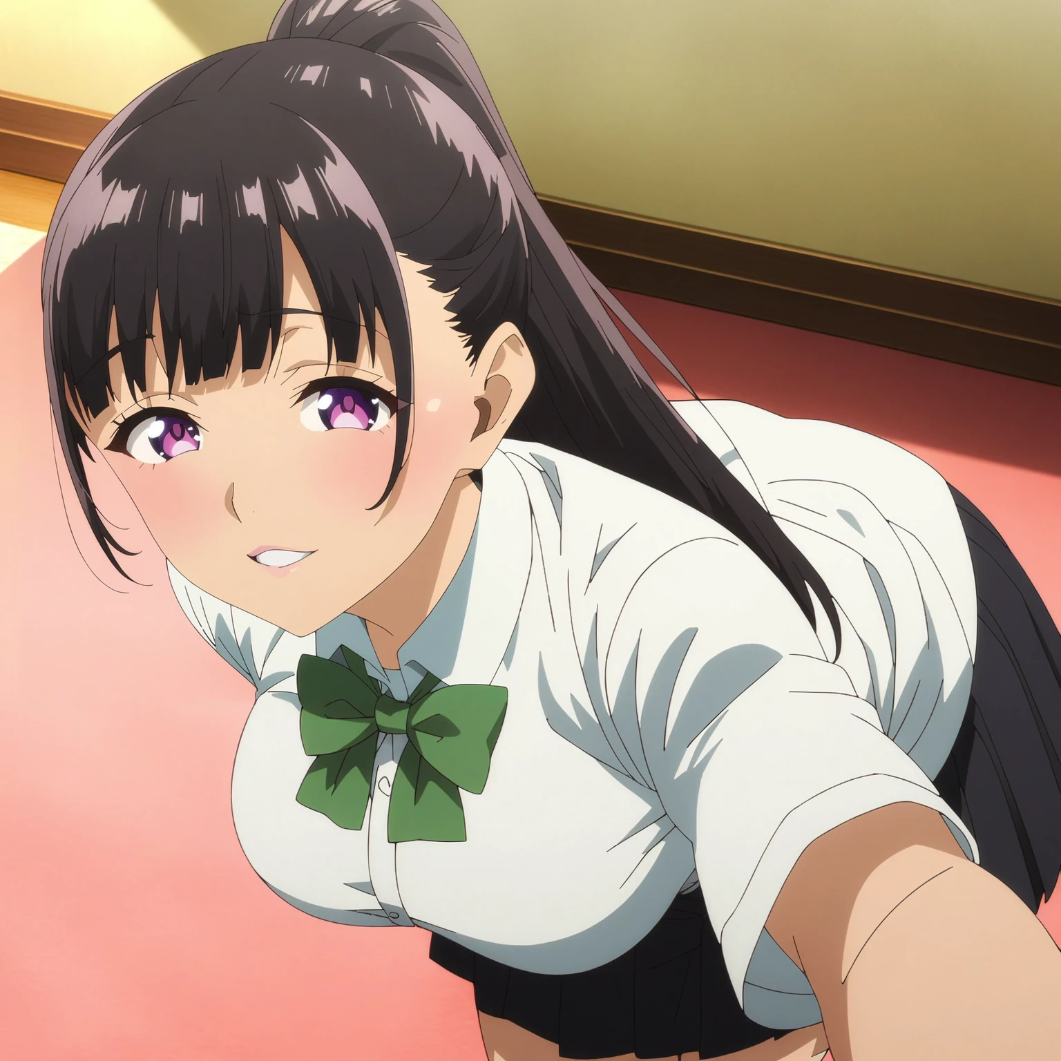 <lora:YuiTachibanaXL001>,<lora:bold-16oa:-0.5>,
masterpiece,best quality,ultra-detailed,8K,best illustration,very aesthetic,absurdres,anime screencap,official art,
looking at viewer,smile,parted lips,
solo,
YuiTachibana,1girl,black hair,ponytail,purple eyes,large breasts,
white shirt,green bowtie,
pleated skirt,black skirt,
thigh,black socks,loafers,
full body,standing,