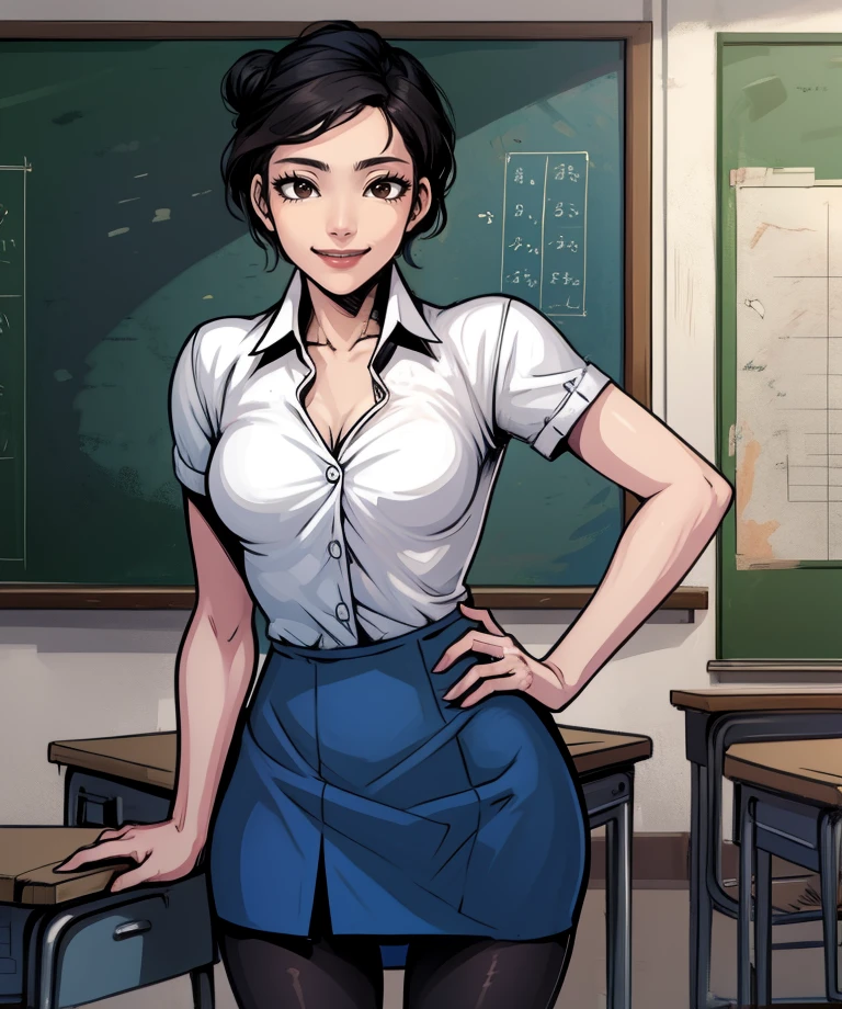 mssong,brown eyes,black hair,hair bun,
white shirt,short sleeves,blue skirt,pantyhose,
standing,upper body,smile,
classroom,
(insanely detailed, masterpiece, best quality),solo,<lora:MsSong-TC12:0.8>,
