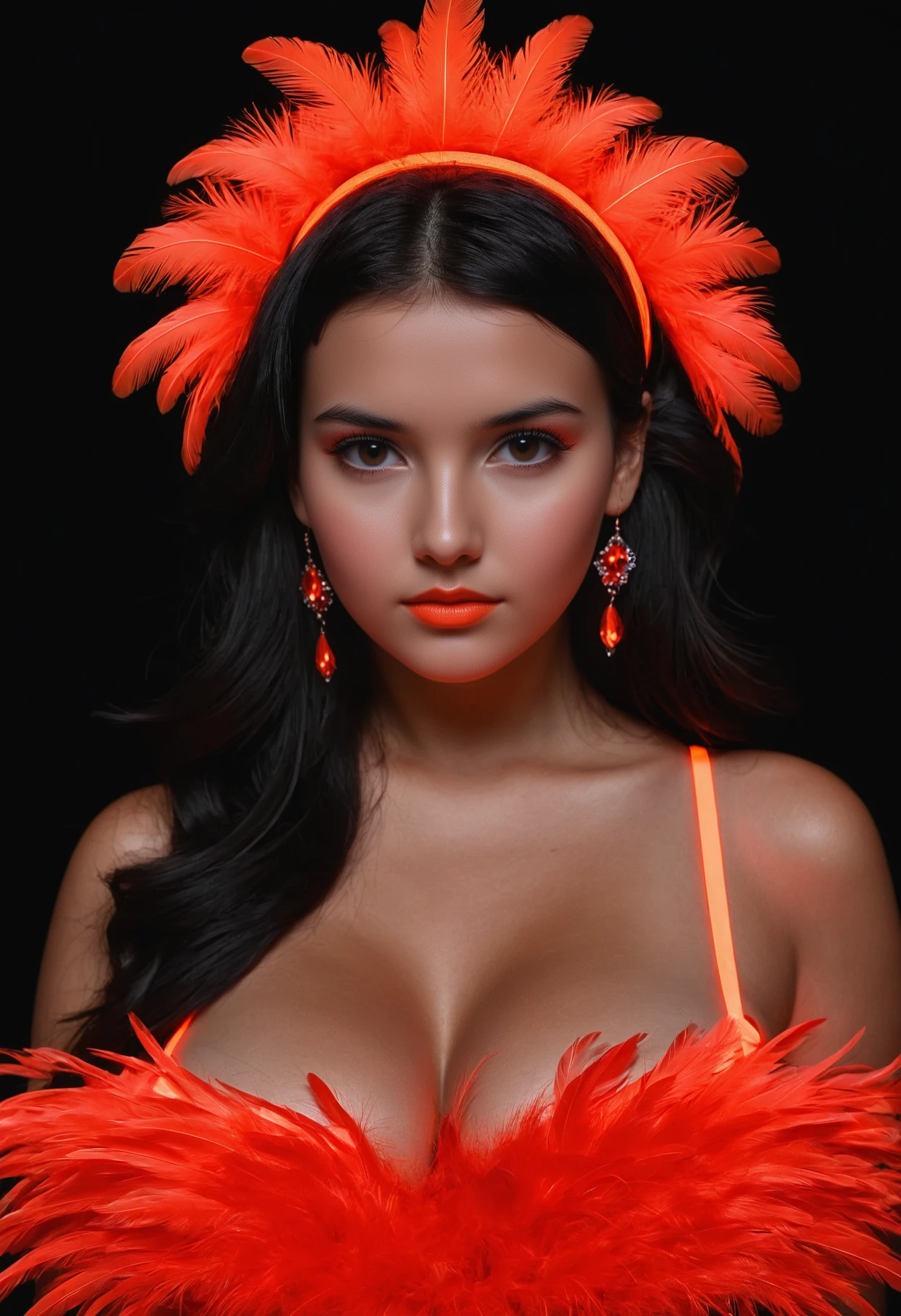 glowing-neon-red-feathered-dress, glowing-neon-red-hairband, 1girl, black hair, brown eyes, large full lips, large breasts, black background, <lora:lukethighwalkerneonv8sdxl:0.4>