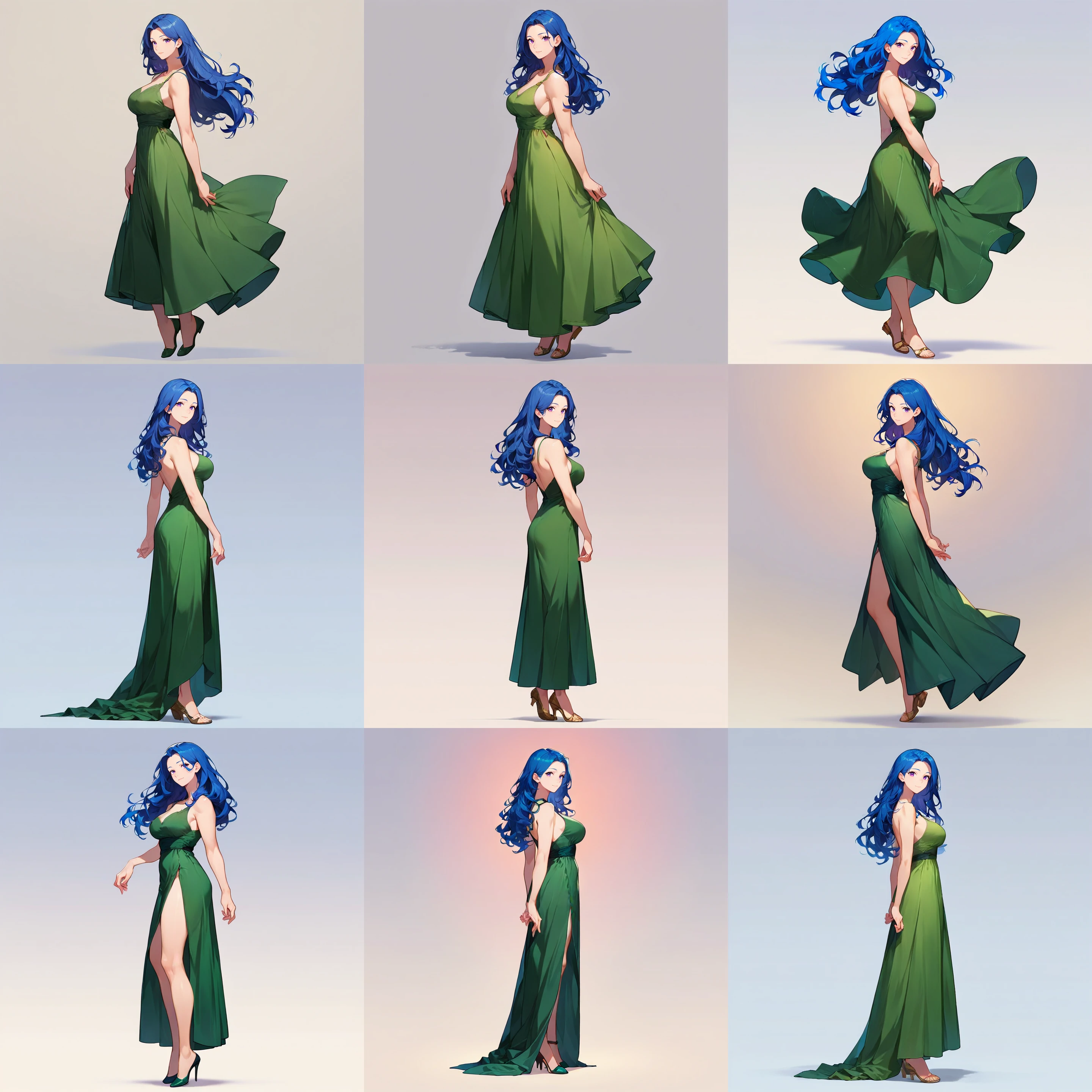score_9, score_8_up, score_7_up, score_6_up,
1girl, mature female, full body, standing, from side, light smile, long hair, blue hair, purple eyes, looking at viewer,
dress, green dress,
<lora:woman_consistency_v1-loha-000470:0.7>