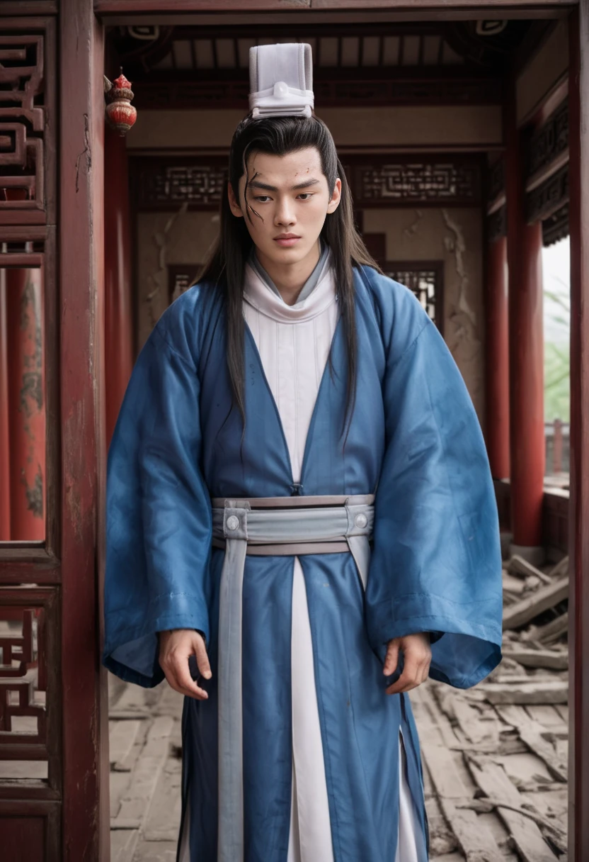 disaster, ground level shot, muscular yulexuan with long hair and wide hips wearing muddy dirty hanfu small coronet made of fabric on his head, sad face, inside a heavily damaged Chinese temple room with broken doors and broken windows whose furniture is covered by mud, cinematic, perfect hands,   <lora:YuLexuanSDXL3-000005:0.9>