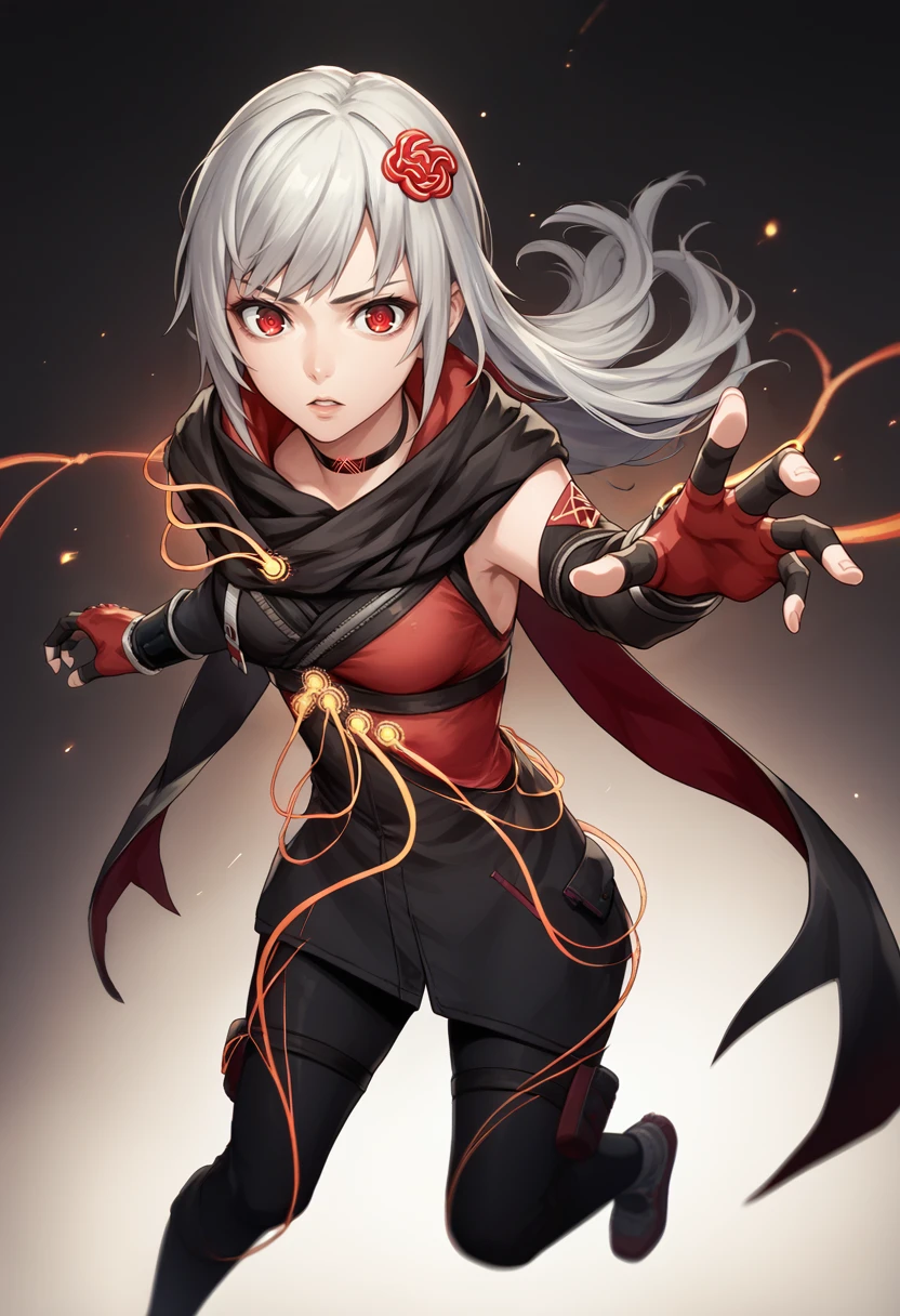 score_9, score_8_up, score_7_up, source_anime, BREAK 1girl, wide-eyed, midair, reaching towards viewer, parted lips, red string, <lora:KasaneSN-pdxl:1> defKasane, long hair, hair ornament, choker, black jacket, black scarf, red cape, detached sleeves, cables, red gloves, fingerless gloves, black pants, shoes, dark background