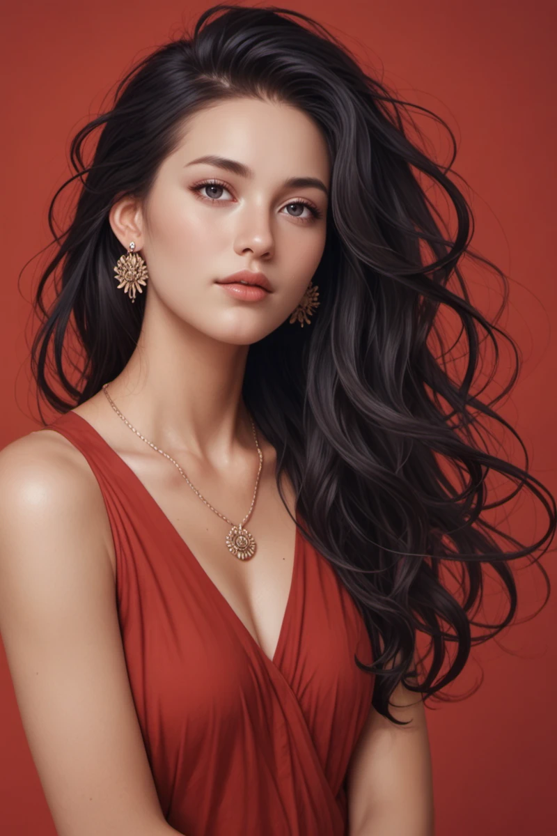 score_9,score_8_up,score_7_up, 1girl, 20 years old, long hair, windblown hair , black hair,
beautiful woman, beautiful face, earrings, necklace, red backgrounds,