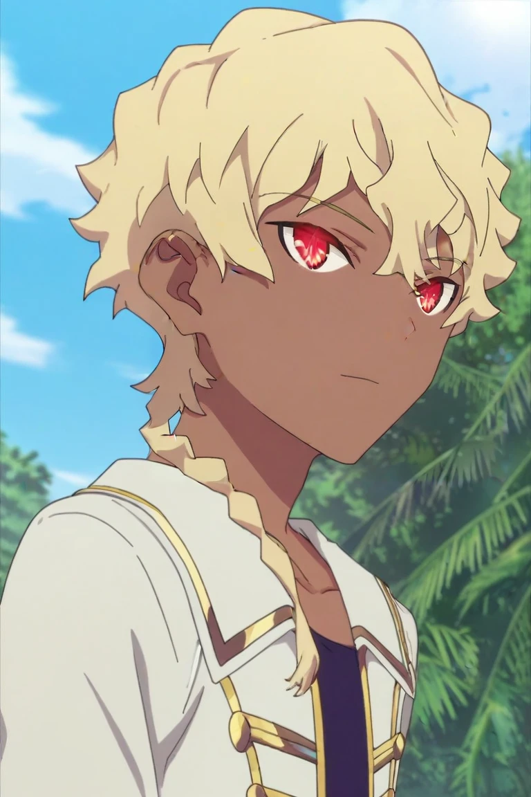 score_9, score_8_up, score_7_up, source_anime, rating_safe, intricate details, anime screencap, anime coloring, official style, , , 1boy, solo, male focus, <lora:shizumu_ssss_dynazenon_pony:0.98>, shizumu_ssss_dynazenon, blonde hair, red eyes, short hair, dark skin, dark-skinned male, braid, single braid, close-up, jungle, day, clouds, holding instrument, seductive smile, butler costume, <lora:sdxl_lightning_8step_lora:1>