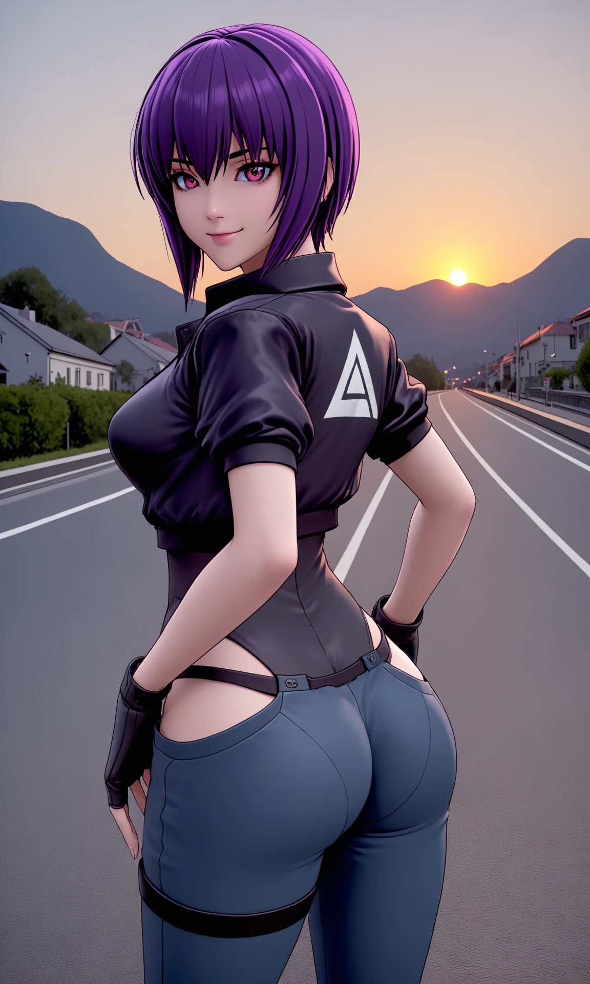 (masterpiece:1.2), (best quality:1.2), newest, (intricate details, very aesthetic, highres), good hands, 1girl, <lora:sd_xl_dpo_lora_v1-128dim:1>, <lora:motoko_2045:1> motoko2045xl, purple hair, short hair, lips, cyborg, pink eyes, medium breasts, cropped jacket, black jacket, collared jacket, short sleeves, fingerless gloves, black gloves, black leotard, highleg leotard, hip vent, blue pants, belt, kusanagi motoko, from behind, road, town, sunset, looking back, smile, cowboy shot, on sidewalk, looking at viewer,