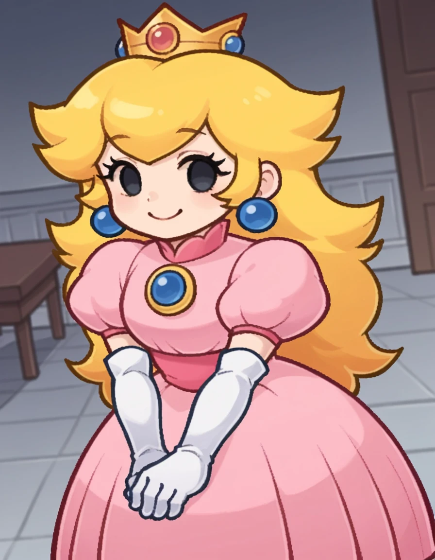 score_9, score_8_up, score_7_up, source_anime,
princesspeach, <lora:paper-peach-ingame-ponyxl-lora-nochekaiser:0.8>,
peach, long hair, blonde hair, chibi, solid oval eyes, no sclera, black eyes, eyelashes,
gloves, dress, jewelry, earrings, elbow gloves, crown, pink dress,
indoors, bent over, smile,
looking at viewer, solo, dutch angle, cowboy shot,