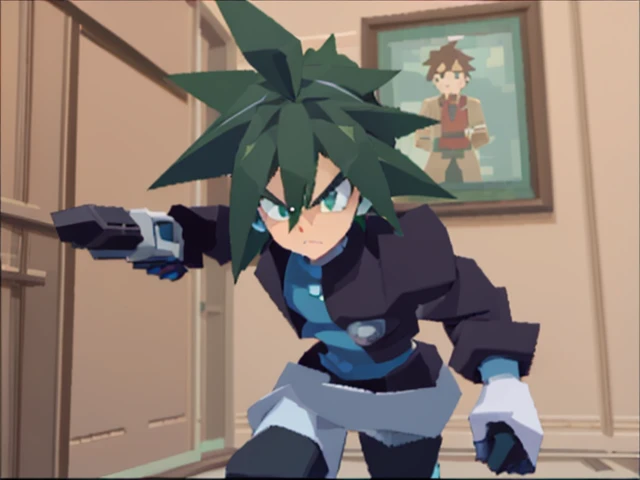 (3d \(artwork\):1.2),<lora:Megaman_Legends>,megaman_legends,(Lowpoly:1.1),PS1,pixelated,
Running,solo,
1boy,short hair,Green hair,blue eyes,ahoge,blunt bangs,spiky hair,(black jacket:1.1),(white shorts:1.1),holding gun,angry,(looking at viewer:1.2),(close-up:1.2),