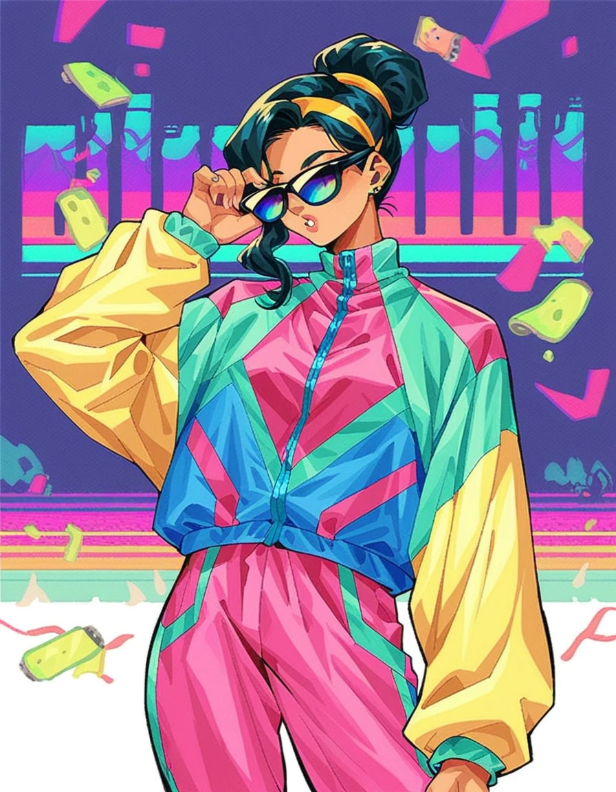 vaporwave style score_9, score_8_up, score_7_up, score_6_up, score_5_up, score_4_up, 1girl, solo, long black hair updo, hud_jggr, colorful jacket, zipper, pants, hairband, <lora:1980sjoggingsuit:0.8>, standing, curb, graffiti, boombox, sunglasses, spray can, . retro, neon, pixelated, nostalgic