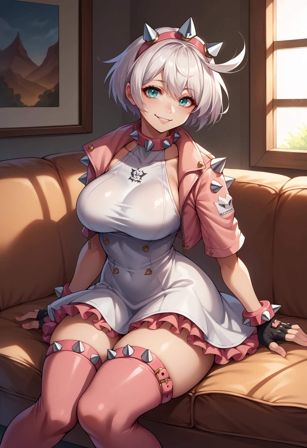 score_9, score_8_up,score_7_up, source_anime, 1girl, solo, <lora:EPggElphelt-09:1.0>,EPggElphelt, white hair, short hair, ahoge, hair between eyes, aqua eyes, large breasts, spikes, pink thighhighs, spiked collar, spiked hairband, spiked bracelet, white dress, frilled dress, pink jacket, short sleeves, cropped jacket, thigh boots, fingerless gloves, smile, full body, looking at viewer,thick thighs, indoors, living room, on couch, sitting,