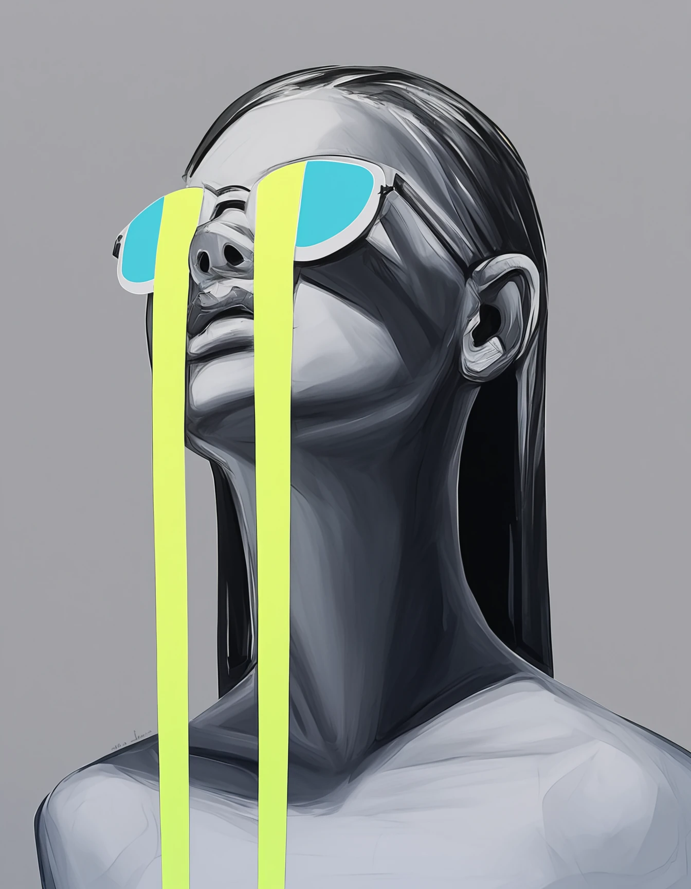 score_9, score_8_up, score_7_up, score_6_up, score_5_up, score_4_up,  
source: illustration,
This image continues the stylized portrait series with bold, contrasting colors. It depicts a black and white rendering of a person's head and shoulders wearing sunglasses. Two vivid blue vertical bars slice across the face, visually dividing and abstracting the features. The artist uses strong lighting and shading to create a dramatic, almost sculptural effect. While unsettling, the image showcases the artist's distinctive graphic style that blends portraiture with expressive elements of shape, line, and color blocking.