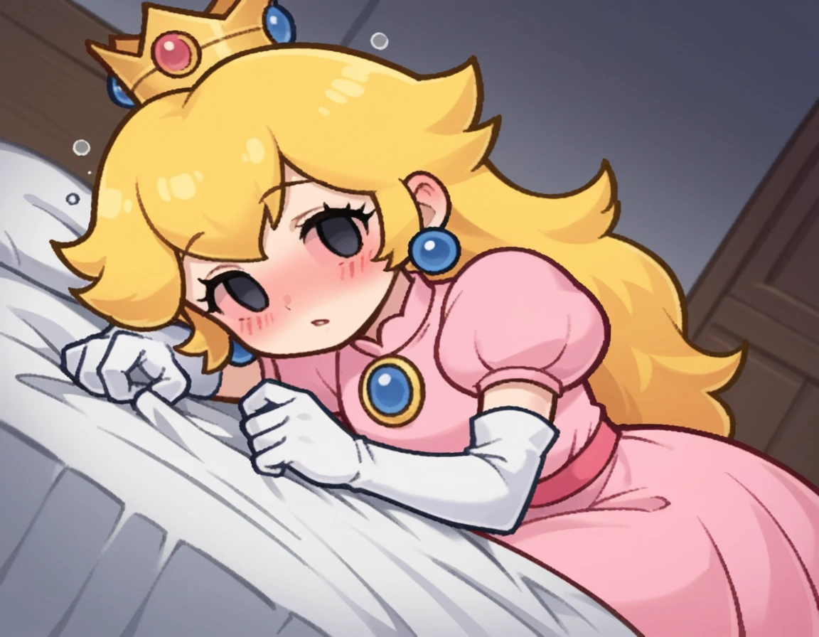 score_9, score_8_up, score_7_up, source_anime,
princesspeach, <lora:paper-peach-ingame-ponyxl-lora-nochekaiser:0.8>,
peach, long hair, blonde hair, chibi, solid oval eyes, no sclera, black eyes, eyelashes,
gloves, dress, jewelry, earrings, elbow gloves, crown, pink dress,
indoors, bed, bed room, on side, blush, drunk,
looking at viewer, solo, dutch angle, cowboy shot,