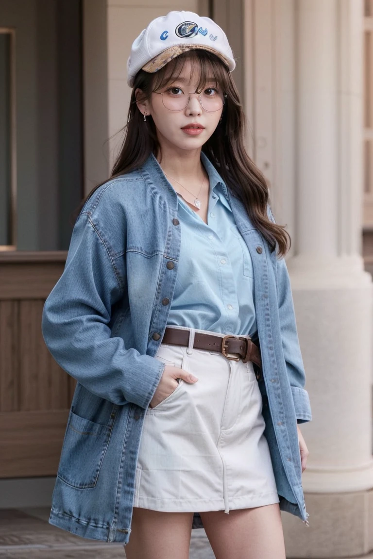 medium quality,iso noise,film grain,shoot from iphone,pastel color,watercolor,lineart,ankymoore,1girl,solo,long hair,looking at viewer,skirt,brown hair,shirt,hat,brown eyes,jewelry,jacket,white shirt,heart,earrings,glasses,collared shirt,belt,pants,necklace,coat,beret,blue jacket,black belt,hand in pocket,blue pants,shirt tucked in,<lora:IU-v2-02:0.9>,iu,